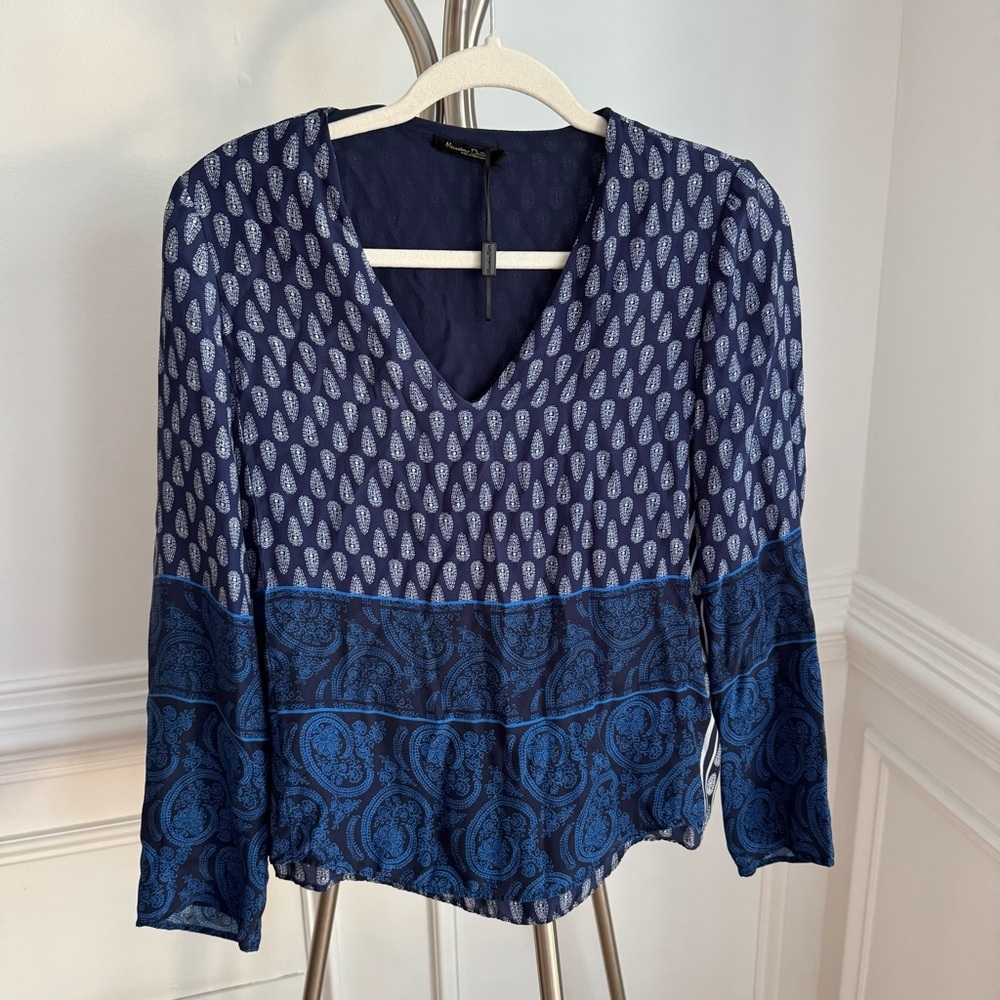 NWT Massimo Dutti Blue Floral Boho 100% Silk Blouse Size 4